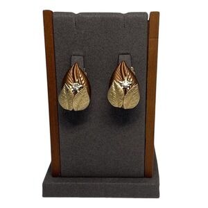 VTG Rhinestone Gold Tone Brown Buds Teardrop Costume Jewelry Earrings Clip-On